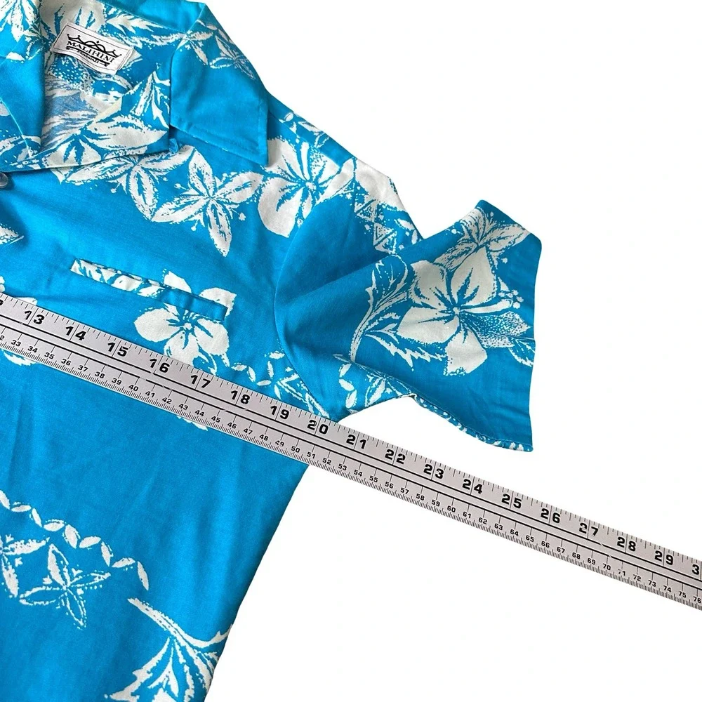 Vintage Malihini Hawaiian Shirt 60s Mens Blue White Floral Hibiscus Aloha Medium